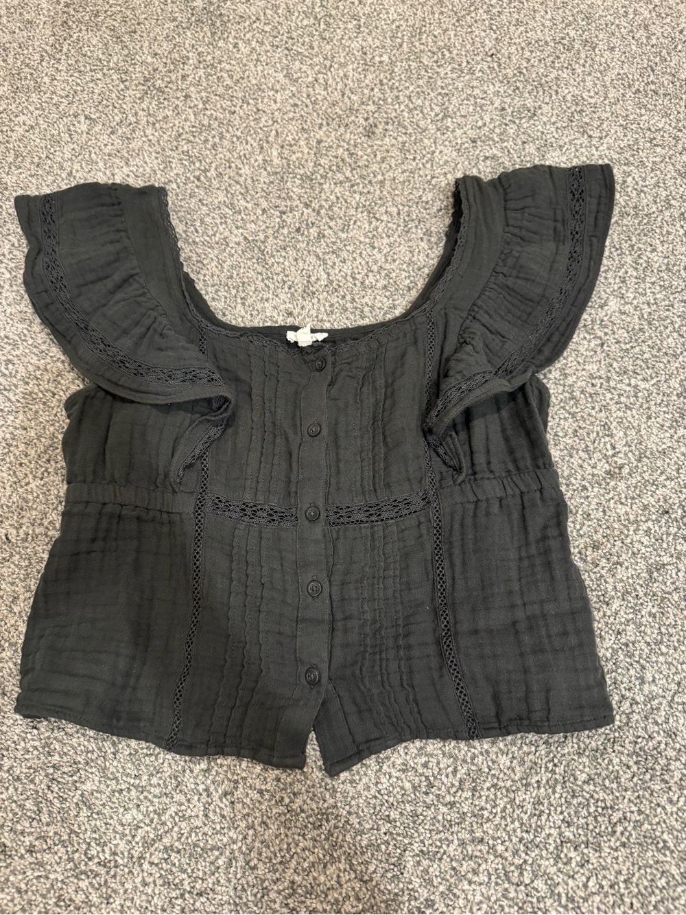 aerie Black Button-Front Ruffle Sleeve Top